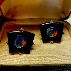 Rare Vintage MidCentury Modern Large Black Enamel Dichroic Glass Cufflinks Swank